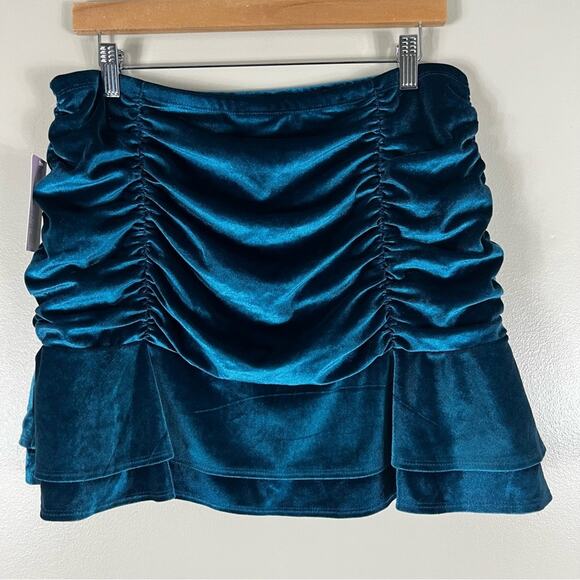 NWT Wild Fable Mini Skirt Womens L Teal Blue Velvet Ruched Ruffle Y2K Going Out - Picture 4 of 6